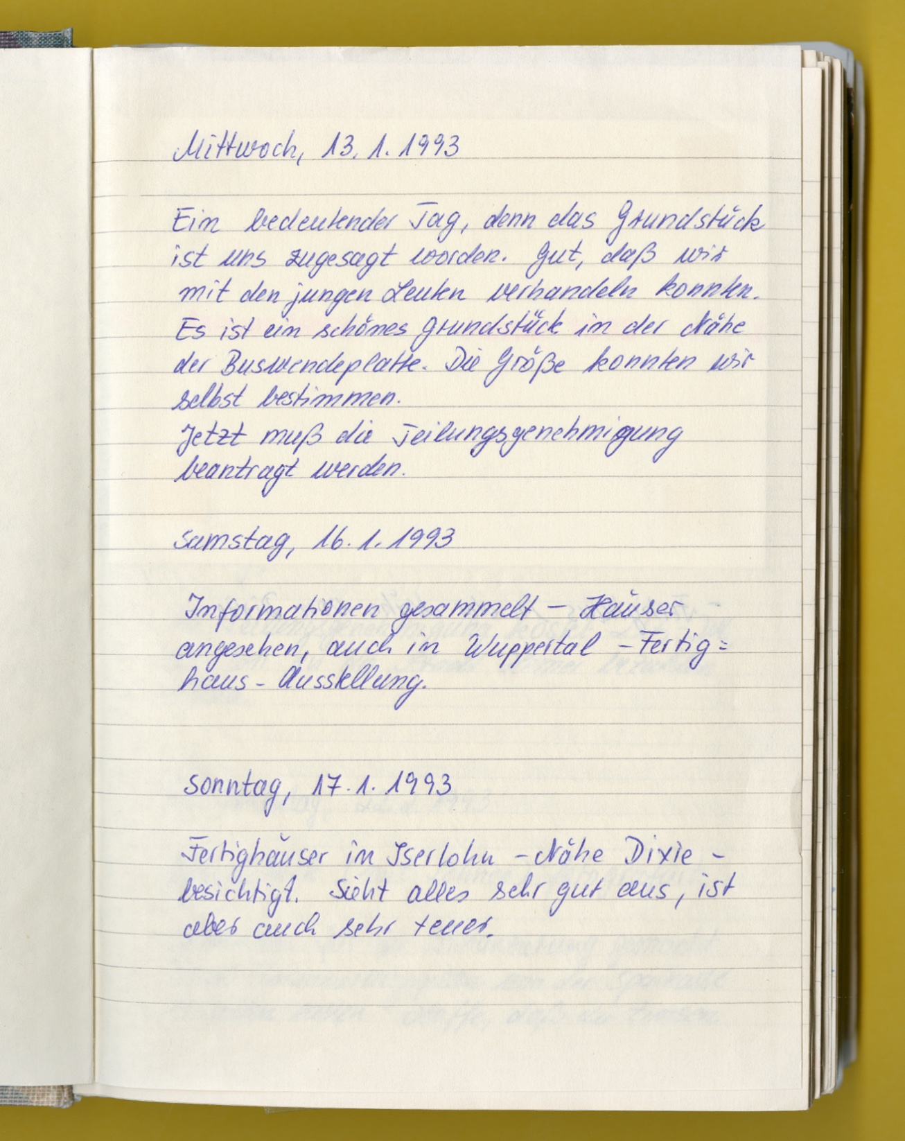 Photo: A page from a notebook with entries from 1993 documenting the process of purchasing the property.