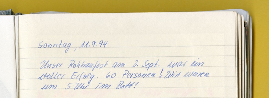 Photo: A page from a notebook with an entry about the topping-out ceremony in 1994.