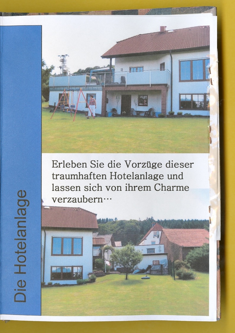 Photo: A page from a notebook featuring photos of the house as an imagined hotel complex.