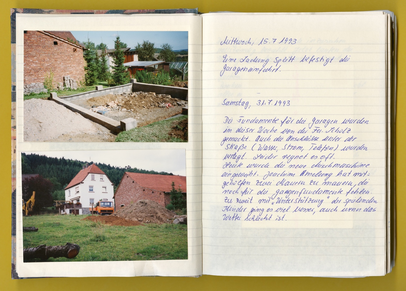 Photo: A page from a notebook featuring text and photos of the foundation work and the property in 1993.