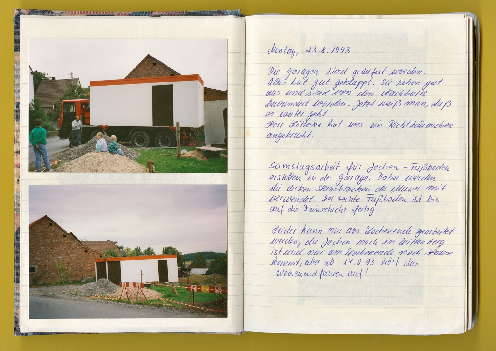 Photo: A page from a notebook with text and photos of the garage installation in 1993.