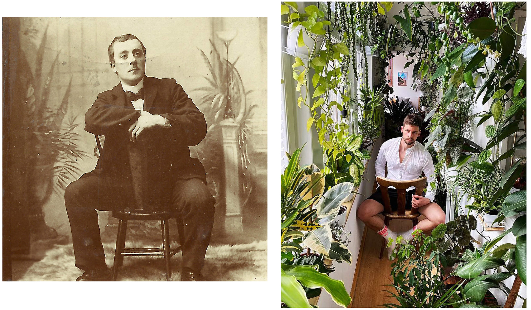 links: John Hook im Fotostudio. Circa 1900   rechts: »Plants also like it a bit chic. Happy Weekend lovely people!« @gruenediele. 2021