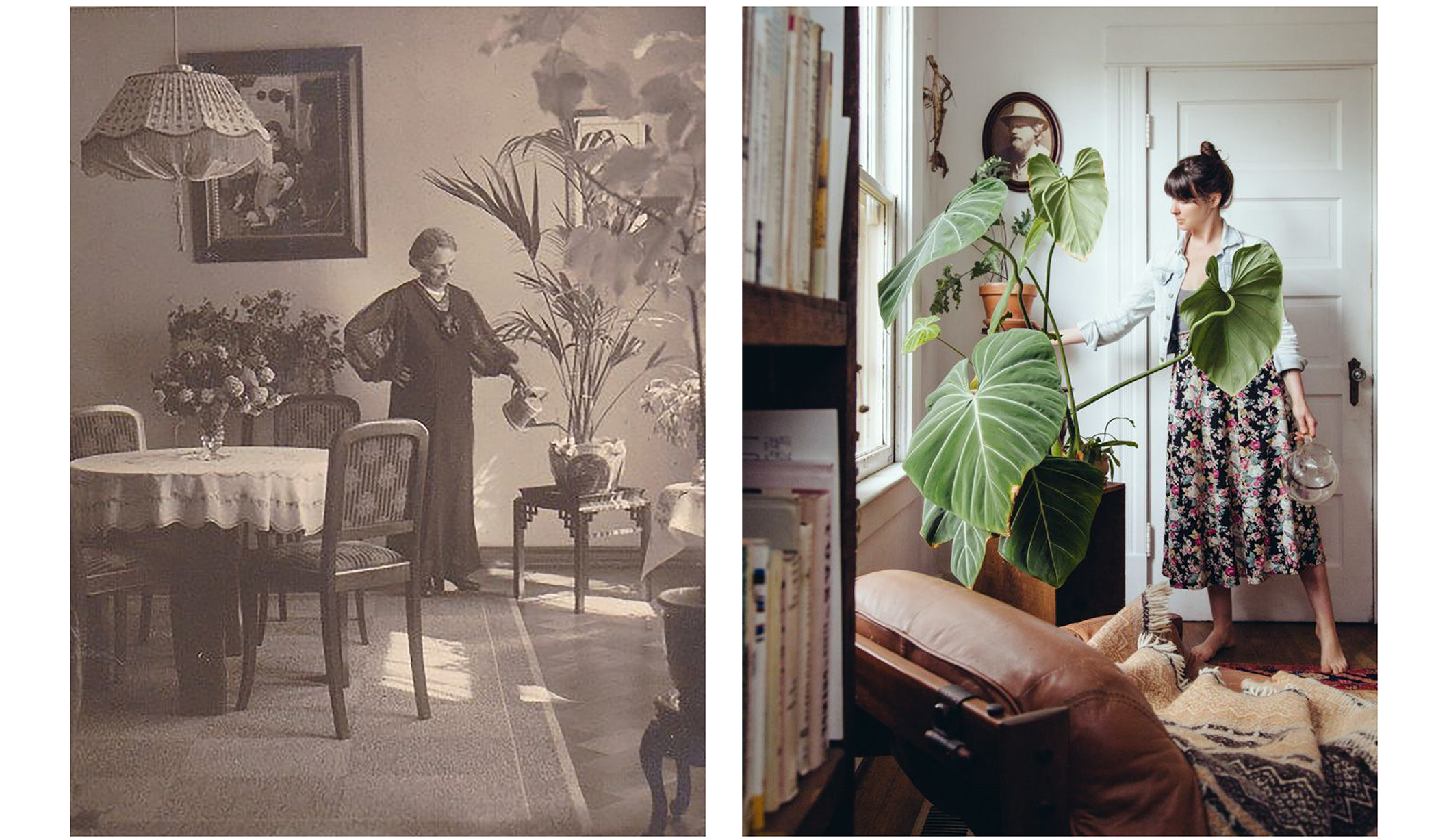 links: Eine Frau gießt ihre vielen Zimmerpflanzen. 1920   rechts:  »Plant care = Self care!« ©Jaclyn Campanaro | www.jaclyncampanaro.com. 2021