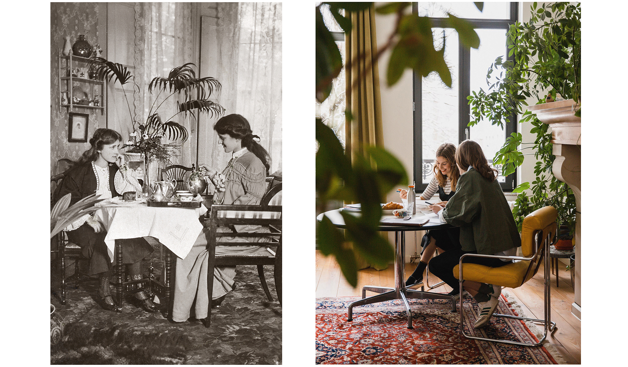 links: Miss Phyllis und Zena Dare beim Tee. 1907   rechts:  »Friends with style« @belleroseofficial. 2018